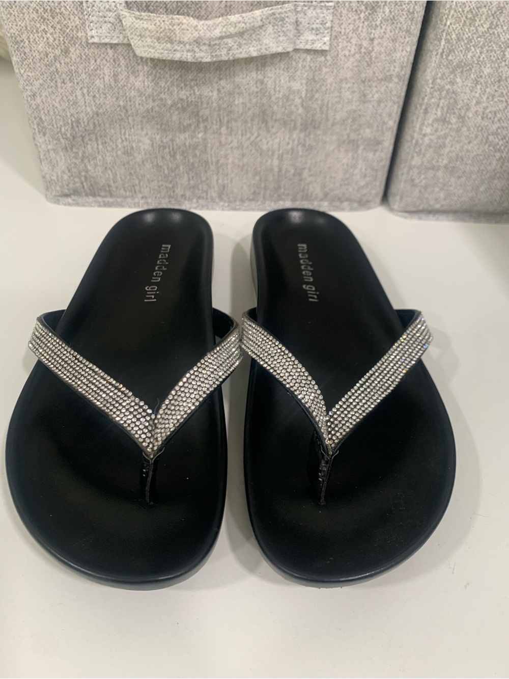 Madden Girl Black Flip Flops with Silver Rhinestone Straps
